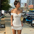 White Polka Dot Off Shoulder Mini Dress, Summer Bodycon Ruched Dress, Y2K French Style Party Dress